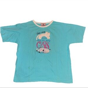 Vintage Top Stitch Shirt Womens Large Blue Cat Embroidered Tee 90s Made In USA